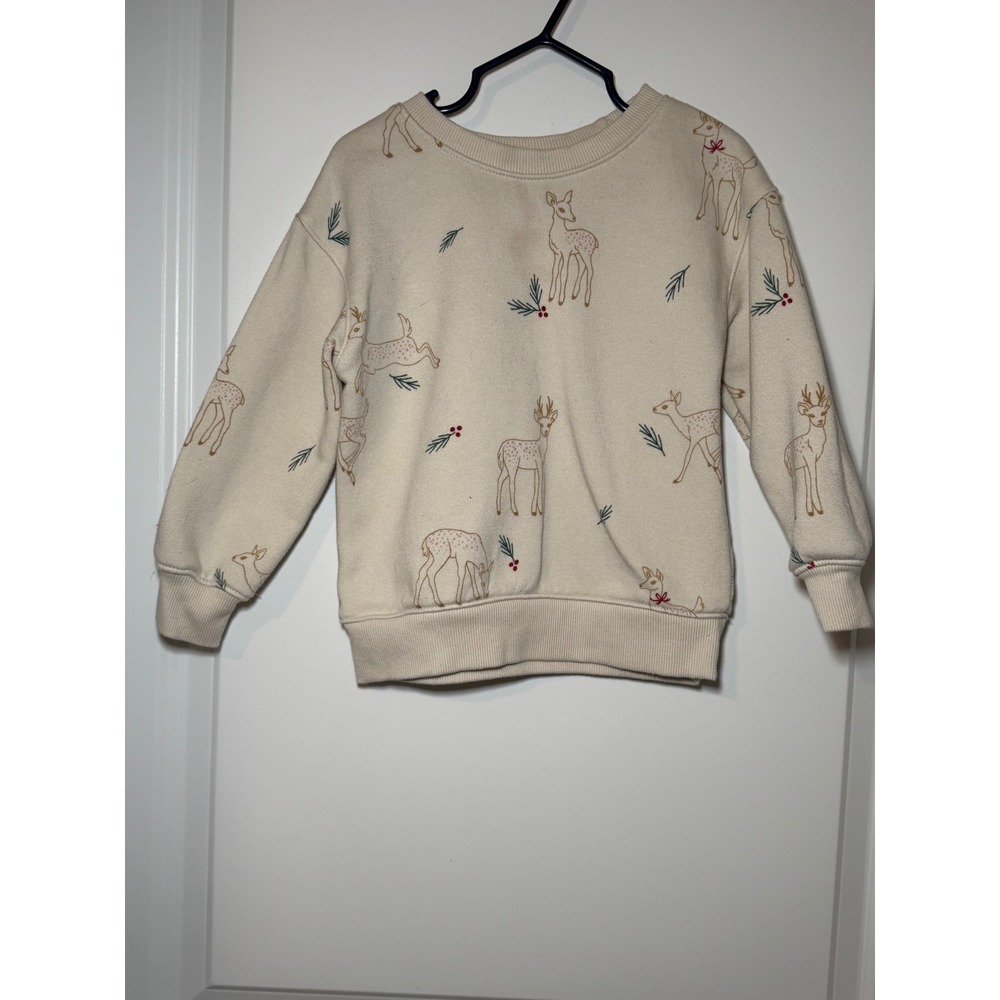 Cat & Jack Toddler Kids Cream Deer Holiday Fleece Sweatshirt 3T Pullover